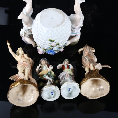 209 - A 19th century porcelain lamp base in the form of children carrying a basket, height 17cm, and 4 oth... 