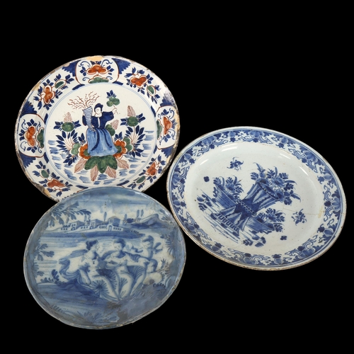 213 - 3 x 18th century Delft/faience pottery plates, including hand painted plate with Classical figures i... 