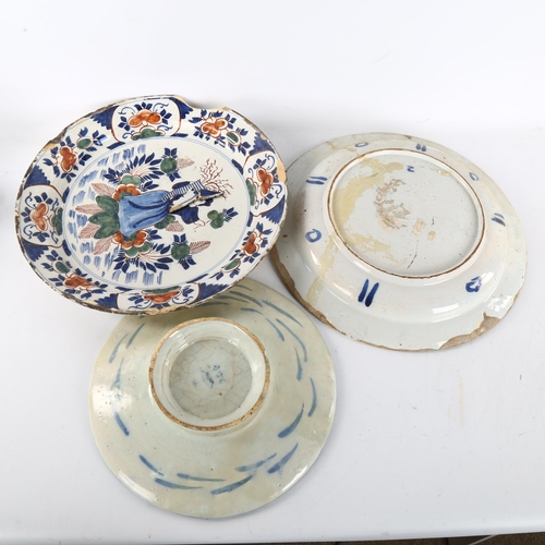 213 - 3 x 18th century Delft/faience pottery plates, including hand painted plate with Classical figures i... 