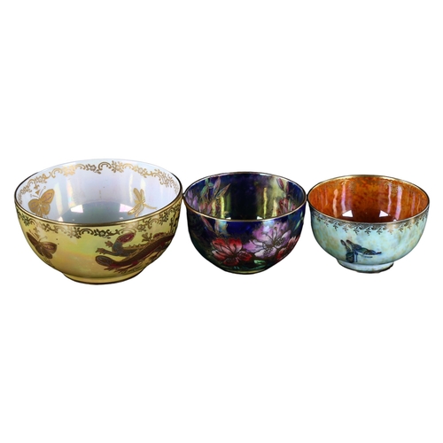 215 - 2 Wedgwood dragon/butterfly lustre bowls, diameter 12cm and 9cm, and a smaller Maling floral lustre ... 