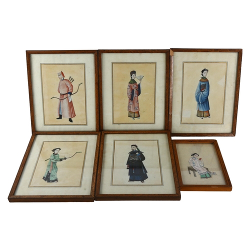 226 - 6 x 19th century Chinese watercolours on rice paper, depicting court figures and archers, framed (7)