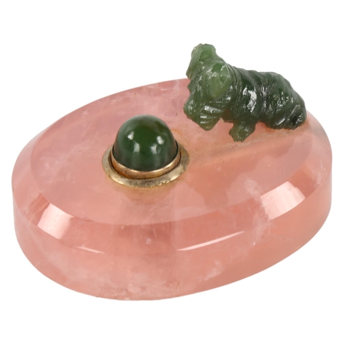 238 - An Art Deco rose quartz and nephrite bell push in the manner of Faberge, surmounted by a Scottie dog... 