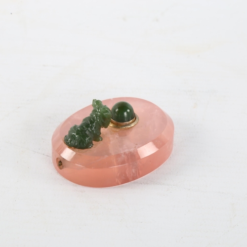 238 - An Art Deco rose quartz and nephrite bell push in the manner of Faberge, surmounted by a Scottie dog... 