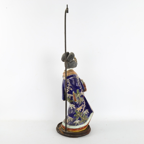 245 - A Japanese porcelain figure table lamp, with painted and gilded robes, height to top of figure 40cm