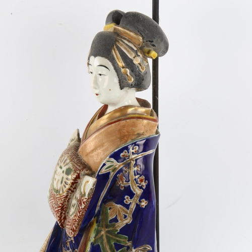 245 - A Japanese porcelain figure table lamp, with painted and gilded robes, height to top of figure 40cm