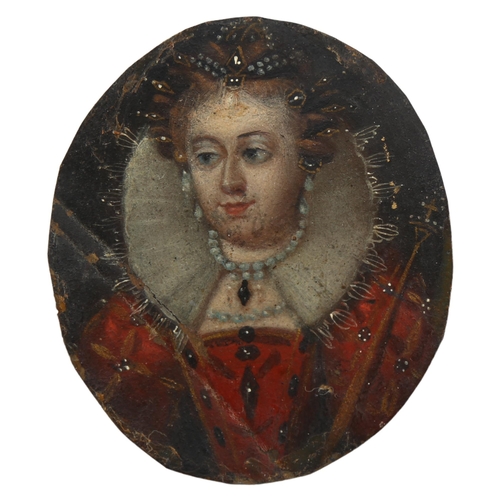 250 - 17th /18th century miniature oil on copper, portrait of a lady wearing pearl set jewellery and a ruf... 