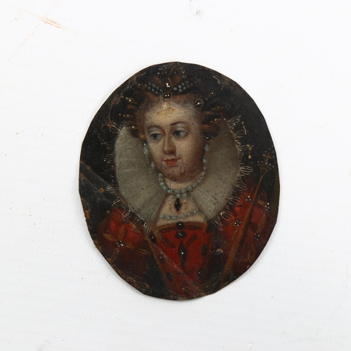 250 - 17th /18th century miniature oil on copper, portrait of a lady wearing pearl set jewellery and a ruf... 