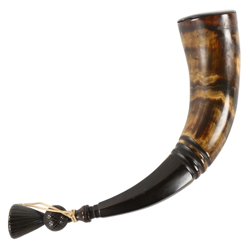 284 - A Victorian Scottish power horn with carved thistle stopper, length 37cm