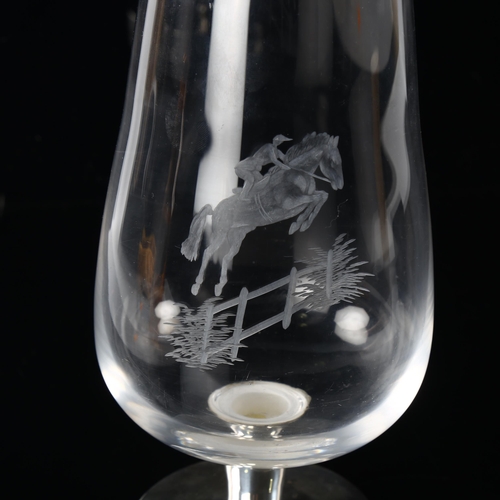 286 - A large glass wine flagon on sterling silver base, with engraved horse and rider, height 25cm