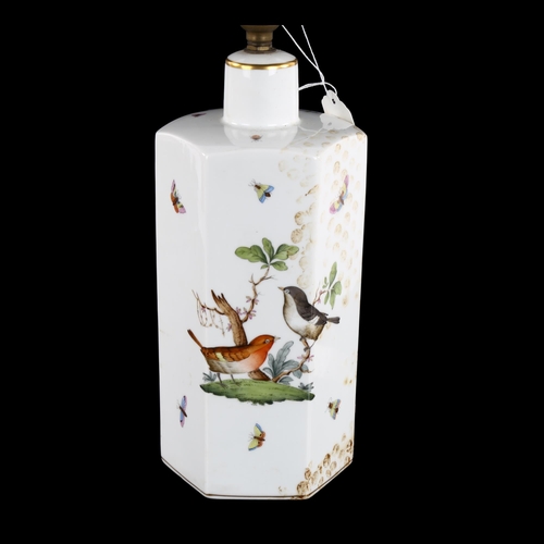 291 - Herend Porcelain hexagonal table lamp, decorated with birds and insects, lamp base height 26cm