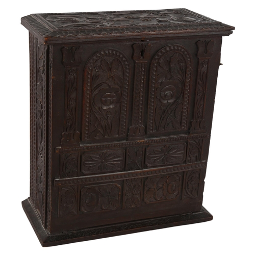 304 - An 19th century carved walnut stationary box, A/F,  height 25cm