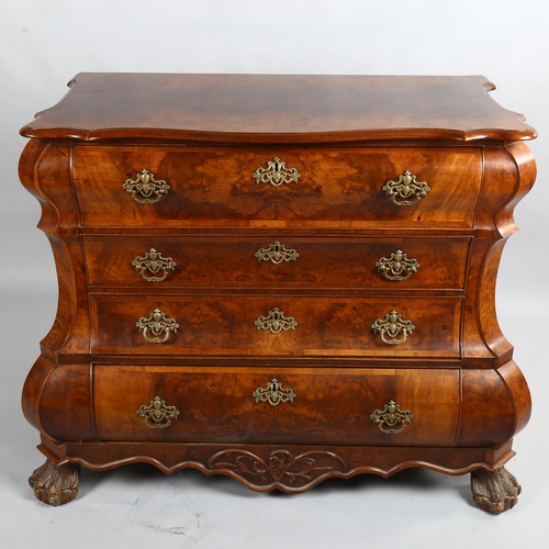 255 - A Continental burr-walnut bombe chest of 4 long drawers, probably mid-20th century, width 94cm, dept... 