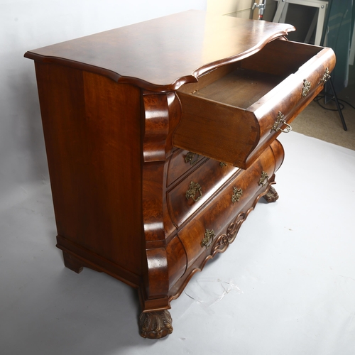 255 - A Continental burr-walnut bombe chest of 4 long drawers, probably mid-20th century, width 94cm, dept... 