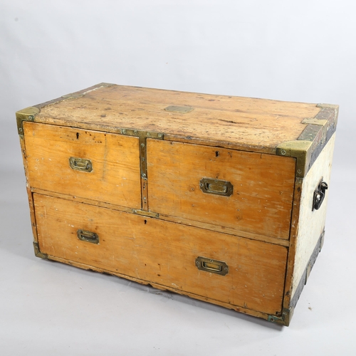 301 - A 19th century brass-bound pine military chest of 1 long and 2 short drawers, 97cm x 52cm, height 59... 