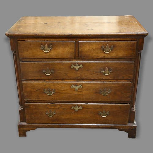 302 - An 18th century oak chest of 3 long and 2 short drawers, with corner columns, width 100cm, depth 54c... 