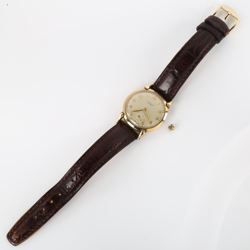 1004 - CYMA - a 9ct gold mechanical wristwatch, circa 1959, silvered dial with gilt Arabic numerals and sub... 
