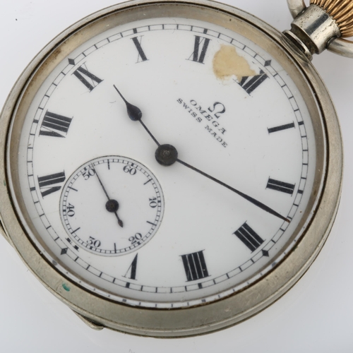 1013 - OMEGA - a chrome open-face keyless pocket watch, white enamel dial with Roman numeral hour markers, ... 