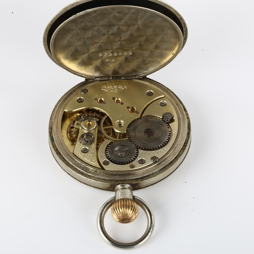 1013 - OMEGA - a chrome open-face keyless pocket watch, white enamel dial with Roman numeral hour markers, ... 