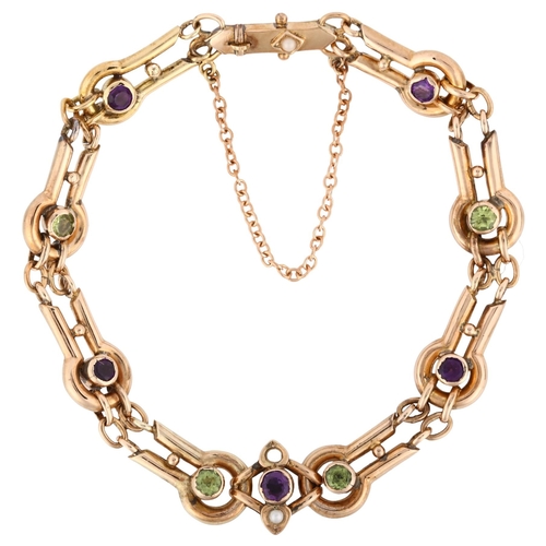 1050 - SUFFRAGETTE INTEREST - a 9ct rose gold amethyst peridot and pearl bracelet, hollow links set with ro... 