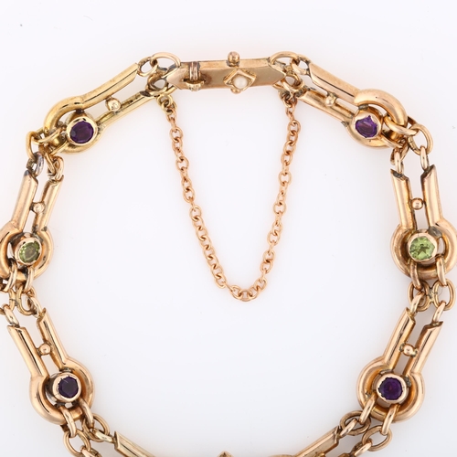 1050 - SUFFRAGETTE INTEREST - a 9ct rose gold amethyst peridot and pearl bracelet, hollow links set with ro... 