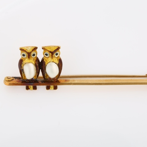 1051 - An Edwardian 15ct gold blister pearl and enamel figural owl bar brooch, brooch length 50.8mm, 4g
