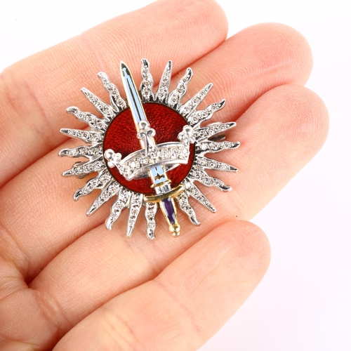 1052 - GARRARD - a 9ct white gold diamond and enamel Imperial Society of Knights Bachelor brooch, sunburst ... 
