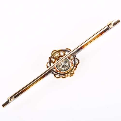 1057 - A diamond cluster bar brooch, unmarked gold settings with old European and old-cut diamonds, princip... 