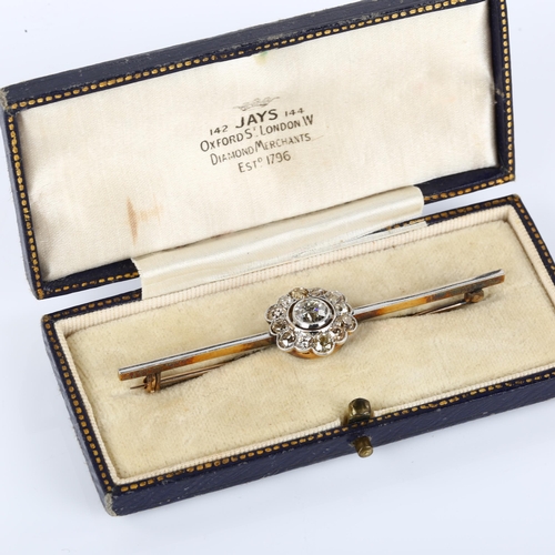 1057 - A diamond cluster bar brooch, unmarked gold settings with old European and old-cut diamonds, princip... 