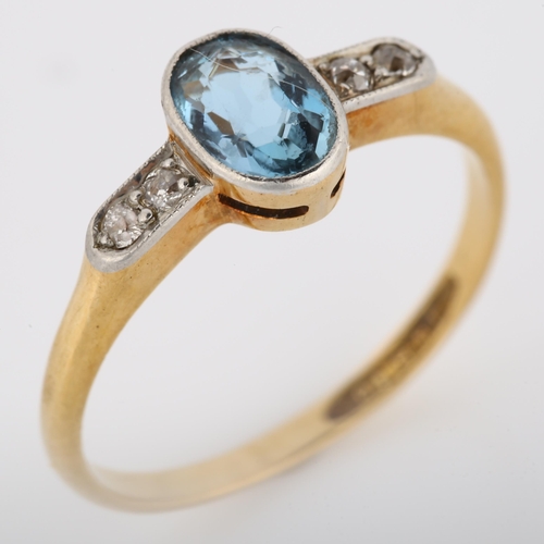 1059 - An Art Deco 18ct gold aquamarine and diamond dress ring, bezel set with oval mixed-cut aqua and old-... 