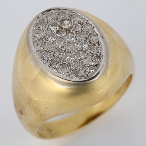 1069 - A large 18ct gold diamond signet ring, pave set with modern round brilliant-cut diamonds, maker's ma... 