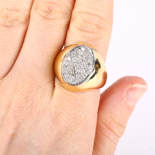 1069 - A large 18ct gold diamond signet ring, pave set with modern round brilliant-cut diamonds, maker's ma... 