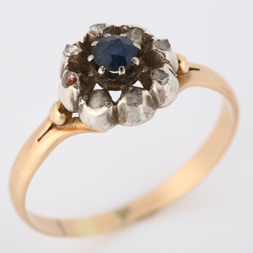 1071 - A 19th century sapphire and diamond cluster ring, unmarked gold and silver settings with round-cut s... 