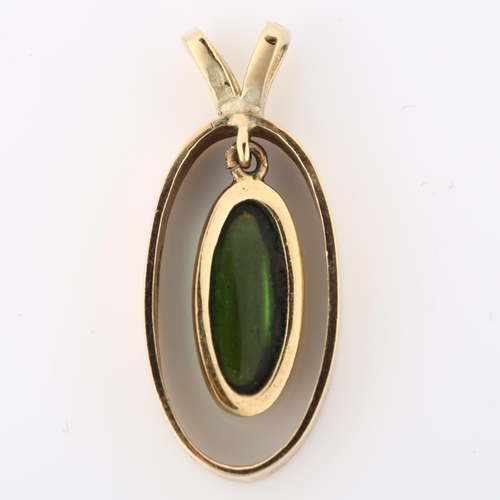 1077 - A 9ct gold green tourmaline openwork pendant, set with long oval cabochon tourmaline, maker's marks ... 