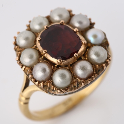 1081 - A Georgian flat-top garnet and split pearl cluster ring, 9ct gold closed-back settings, setting heig... 