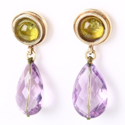 1085 - A pair of amethyst and lemon quartz drop earrings, unmarked gold settings with briolette amethyst, e... 