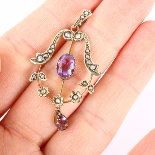 1086 - An Edwardian 9ct gold amethyst and pearl openwork pendant, pendant height 45.2mm, 2.1g