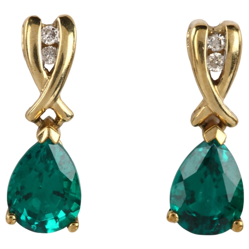 1094 - A pair of 9ct gold green quartz and diamond drop earrings, set with pear-cut quartz and modern round... 