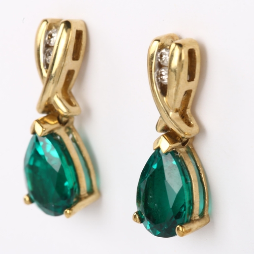 1094 - A pair of 9ct gold green quartz and diamond drop earrings, set with pear-cut quartz and modern round... 