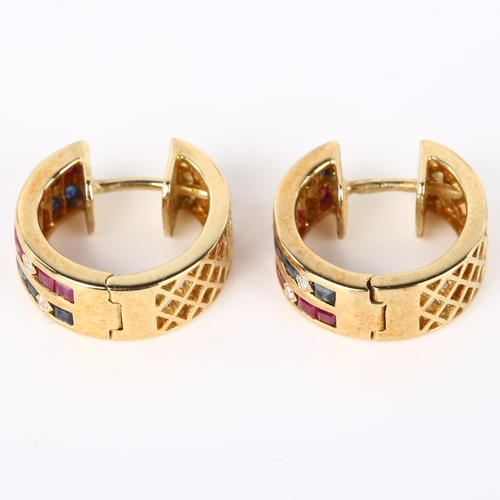 1104 - A pair of 14ct gold ruby sapphire and diamond hoop earrings, with English lock fittings, earring dia... 