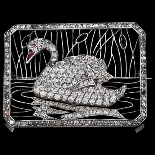 1232 - An Art Deco paste swan brooch, unmarked silver openwork design, brooch length 42.8mm, 14.6g