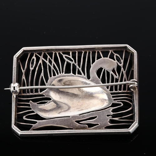 1232 - An Art Deco paste swan brooch, unmarked silver openwork design, brooch length 42.8mm, 14.6g