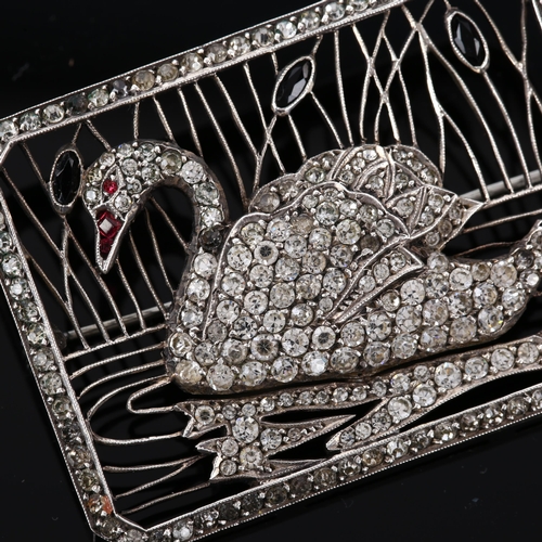 1232 - An Art Deco paste swan brooch, unmarked silver openwork design, brooch length 42.8mm, 14.6g