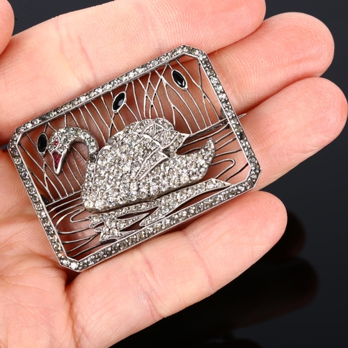 1232 - An Art Deco paste swan brooch, unmarked silver openwork design, brooch length 42.8mm, 14.6g