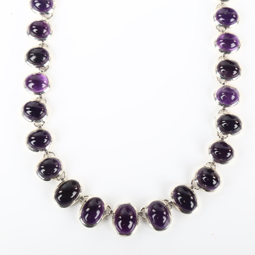 1235 - A large modern silver graduated amethyst fringe necklace, set with oval cabochon amethyst, necklace ... 