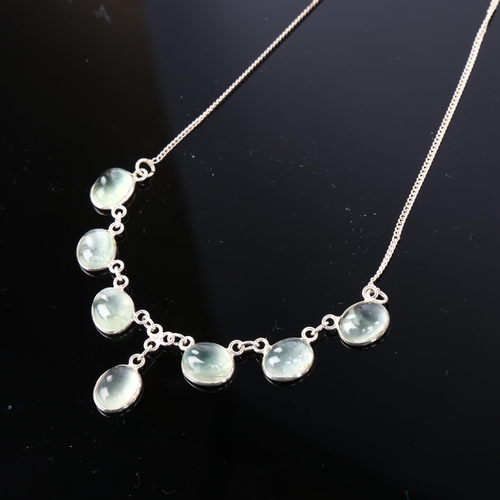 1242 - A modern sterling silver green moonstone fringe necklace, set with oval cabochon moonstone, necklace... 