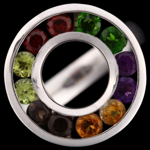 1245 - A modern sterling silver gem set halo ring, gemstones include amethyst citrine smoky quartz etc, set... 