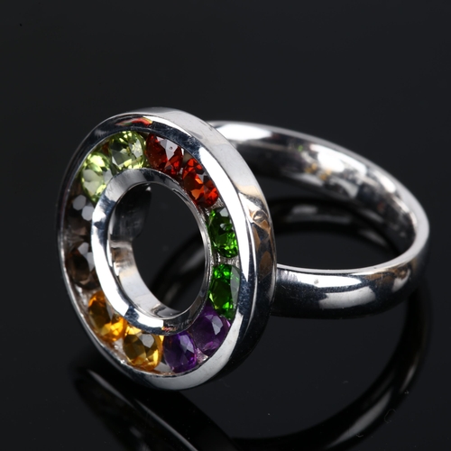 1245 - A modern sterling silver gem set halo ring, gemstones include amethyst citrine smoky quartz etc, set... 