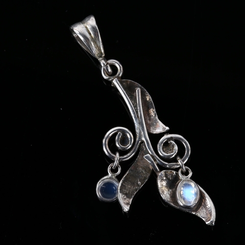 1249 - A sterling silver moonstone leaf pendant, height 39.8mm, 2.3g