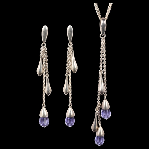 1252 - A modern silver and amethyst glass pendant necklace and earring set, pendant height 76.1mm, chain le... 