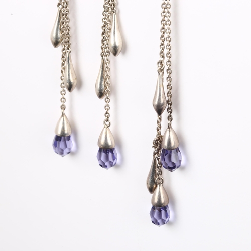 1252 - A modern silver and amethyst glass pendant necklace and earring set, pendant height 76.1mm, chain le... 